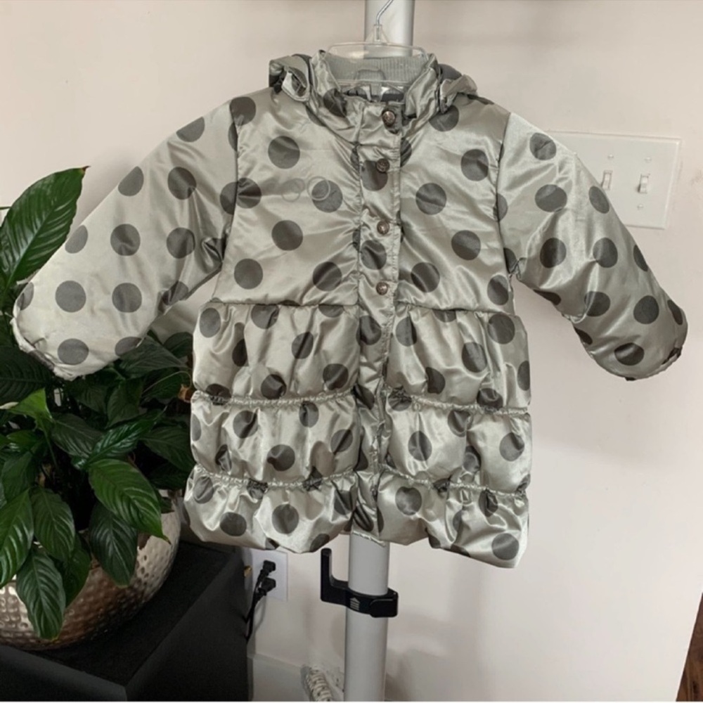 Me Too Girls/Kids/Toddler polka dot Hooded Puffer Coat/Jacket Sz 2T Silver Gray